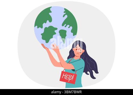 Eine Öko-Aktivistin bittet darum, den Planeten zu retten und die Umweltverschmutzung zu stoppen, die den CO2-Fußabdruck verursacht Stock Vektor