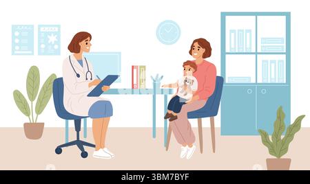 Kind in der Kinderarztpraxis. Mutter und Sohn beim Arzttermin, medizinische Kinder Check up, Klinik Beratung, Untersuchung, Kinder Gesundheit, Facharzt Stock Vektor