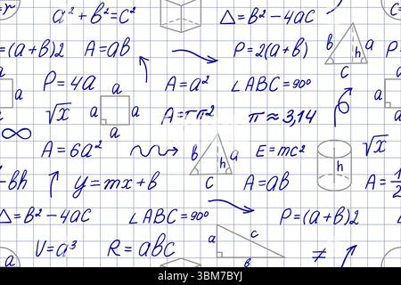 Nahtloses Muster mit mathematischen Formeln und geometrischen Formen auf einem Gitterhintergrund, das an ein Schulnotizbuch erinnert. Stock Vektor