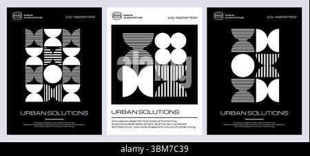 Poster Brutalismus. Moderne monochrome Kompositionen, einfache Figuren, abstrakte geometrische Formen, Silhouetten, minimalistisches Schwarz-weiß-Design, vertikal Stock Vektor