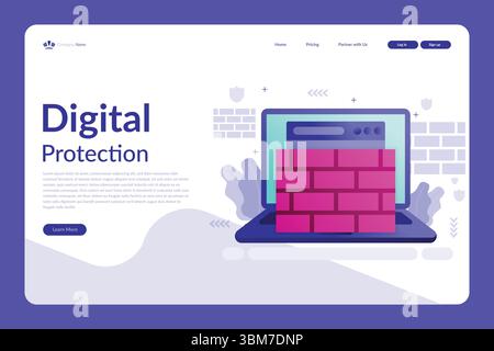 Vektorillustration einer Webseite zum digitalen Schutz mit Laptop-Firewall, Schildsymbolen und modernem lila-rosa-blauem Design Stock Vektor