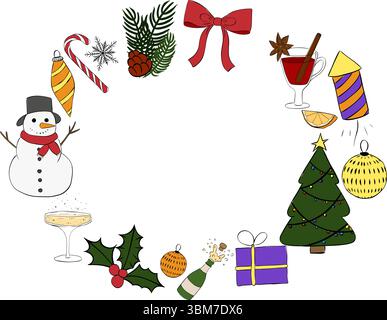 Weihnachten Neujahrsfeiertage Objekte, Symbole und Gegenstände. Schablone für Rahmen Oval. Abbildung der grafischen Vektorfarbe. Perfekt für Karten, Dekorationen, stic Stock Vektor
