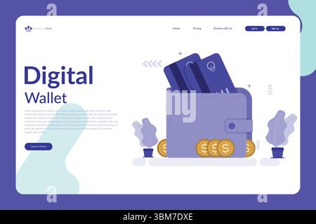 Vektorillustration einer digitalen Brieftasche Webseite mit Kreditkarten, Münzen und modernem Layout in lila, blau und weiß Stock Vektor