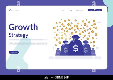 Vektorillustration eines Webseitendesigns, das eine Wachstumsstrategie mit Geldbeuteln, schwimmenden Münzen und einem modernen blau-violetten Layout zeigt Stock Vektor