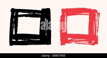Abstrakte Tintenpinsel-Quadrate in Schwarz und Rot. Minimalistische Formen auf weißem Hintergrund perfekt für Karten, Muster, Druck und Web Stock Vektor