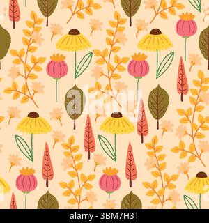 Handgezeichnetes nahtloses Muster für Herbstblumen und Blätter. Warmes und erdfarbenes botanisches Design mit Herbstatmosphäre, perfekt für Karten, Muster, Druck und Web Stock Vektor