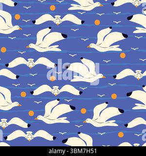 Weiße Vögel im Flug über dem Blauen Himmel. Nahtloses Muster mit kreativen Möwen und Sonnenuntergang perfekt für Karten, Muster, Druck und Web Stock Vektor