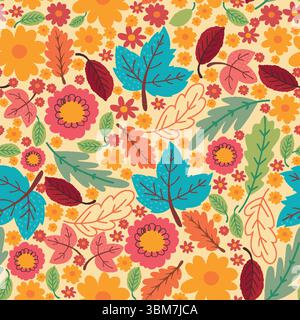 Farbenfrohe Herbstblätter und Blumen im handgezeichneten Vintage-Stil. Nahtloses Herbstmuster mit Retro-Farben und warmen Saisontönen, perfekt für Karten Stock Vektor