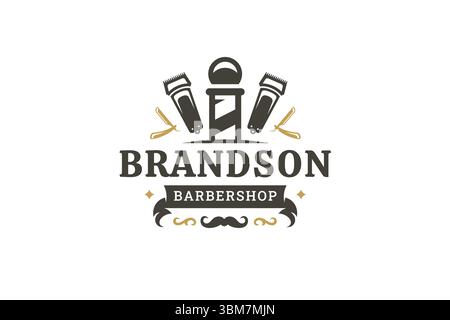 Retro-Vintage-Barbershop-Logo mit Friseurstange, Rasierer und Trimmer. Perfekt für das Branding von Pflegediensten, Friseurshops und Profis Stock Vektor