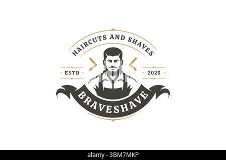 Klassisches Retro-Barbershop-Emblem mit männlichem Friseurcharakter, Pflegeutensilien, eleganten Designelementen und Bannertext. Vektorabbildung Stock Vektor