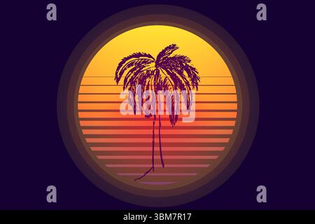 Retro Vaporwave Sun futuristischer Sonnenaufgang. Geometrischer Planet des Cyberpunk. Synthwave Vintage. Sonnenkreis-Retrowellenabstrakt. Vektorabbildung Stock Vektor