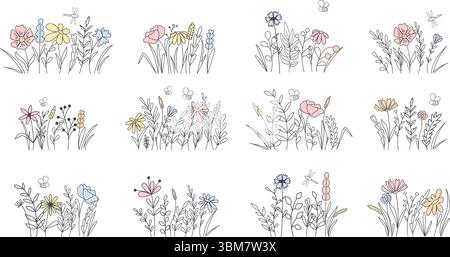 Set von wilden Feldkräutern und Blumen kritzelnd Illustrationen im Skizzenstil. Handgezeichnete rustikale Blumensträuße. Ein Bündel detaillierter Blüten Stock Vektor