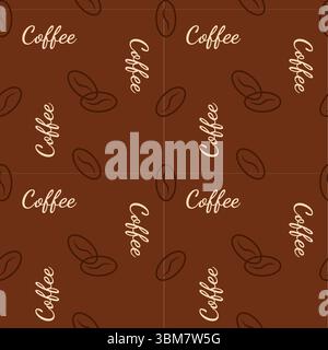 Muster mit Kaffeebohnen und Aufschrift Coffee auf braunem Hintergrund. Vektorabbildung Stock Vektor
