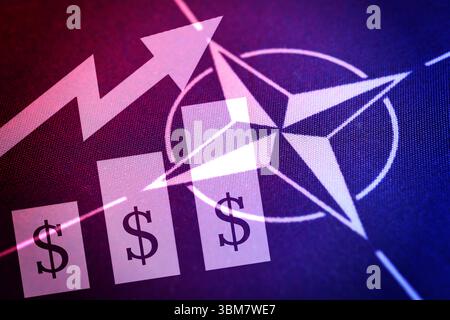 FOTOMONTAGE, NATO-Fahne mit steigendem Balkendiagramm, Symbolfoto für steigende Verteidigungsausgaben *** FOTOMONTAGE, NATO-Flagge mit steigendem Balkendiagramm, Symbolfoto für steigende Verteidigungsausgaben Stockfoto