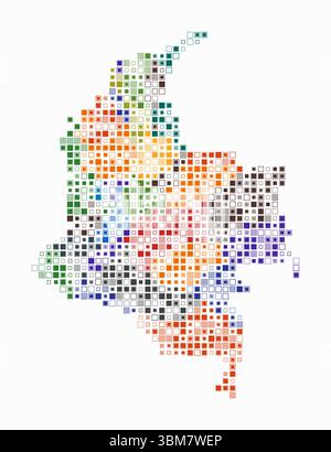 Kolumbien, die Form des Landes, gebaut aus farbigen Zellen. Digitale Karte von Kolumbien auf weißem Hintergrund. Kleine quadratische Blöcke. Stock Vektor