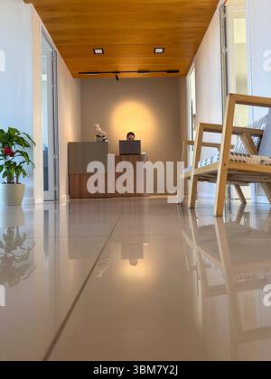 Junge Frau in einem modernen Empfangsbereich k, die in einer laptop.in Klinik, einem Spa, Schönheitssalon, Wellness-Klinik oder ähnlichen serviceorientierten Räumen arbeitet Stockfoto