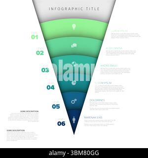 Eine Infografik-Vorlage mit lebendigem Trichter verfügt über sechs unterschiedliche Farbstufen, jeweils mit einem Symbol und Platzhaltertext. Vielseitige Infografik mit Trichtern für Stock Vektor