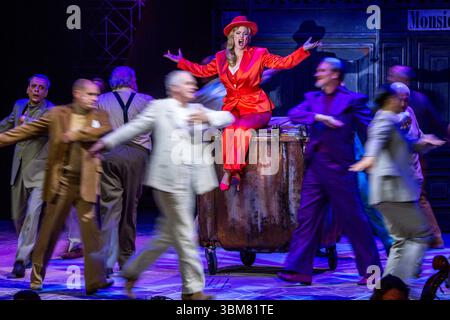 Schwerin, Deutschland. Juni 2025. Karen Leiber als Hanna Glawari singt in der Operette „die fröhliche Witwe“ im neuen Theaterzelt des Mecklenburgischen Staatstheaters. Das Stück feiert seine Premiere am 27.06.2025. Aufgrund umfangreicher Bauarbeiten im historischen Bühnengebäude sind in der Spielzeit 2025/2026 sechs Inszenierungen im Theaterzelt geplant. Neben Theaterstücken, Balletten, Opern und Operetten wird das Mecklenburgische Staatsorchester auch seine Konzerte im Zelt aufführen. Quelle: Jens Büttner/dpa/Alamy Live News Stockfoto