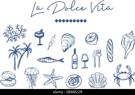 Dolce Vita handgezeichnetes Essen und Muscheln Illustration. Frühstück, Mittagessen Doodle Ikonen. Vektor von Weinglas, Meeresfrüchten, Oliven und Naturillustrationen Stock Vektor
