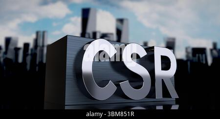 CSR, Corporate Social Responsibility - Metallquader und Wolkenkratzer - 3D-Illustration Stockfoto