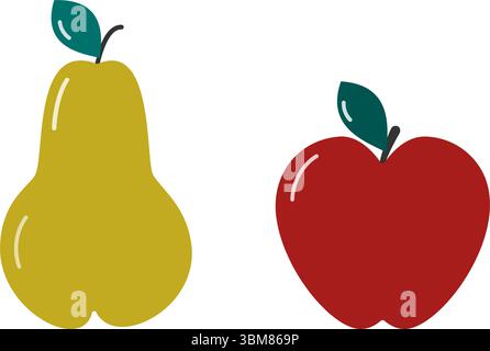 Hand gezeichnet Bunte Birne und Apfel mit Blättern Aufkleber Icon Piktogramm minimalistisches Design Element isoliert Vektor Illustration Lebensmittel Poster Social Media Post oder Promo Banner, Faltblatt, Etikett, Tag Stock Vektor