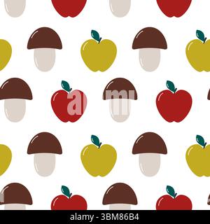 Hand gezeichneter Pilz Roter und grüner Apfel mit Blatt nahtlosem Muster Ernte Thematische Hintergrundee. Isolierte Vektor-Illustration Herbst Feiertag Themenkarten Hintergrund Party Einladung oder Banner, Flugblätter Stock Vektor
