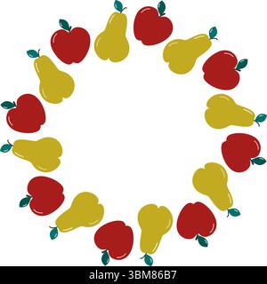 Handgezeichneter minimalistischer roter Apfel- und Birnenkreis für Herbstferien Rahmenrand Kopierraum-Vorlage. Isolierte Vektor-Illustration Herbst Feiertag Themen Karten Party Einladung oder Banner, Flugblätter, Preisschild Stock Vektor