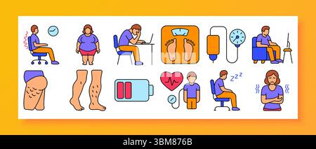 Sedary Lifestyle Set Symbol. Umfasst Stuhlschmerzen, übergewichtigen Körper, Computertisch, Waage, IV, Blutdruck, Cellulite, Energierückfluss, Herzblut Stock Vektor