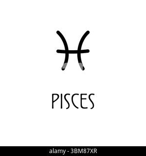 Schwarzes Pisces-Schild mit geschwungenen fischreichen Linien, minimalem astrologischen Symbol für Design, Druck oder Horoskop. Stock Vektor