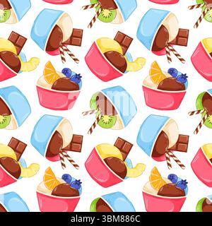 Nahtloses Muster einer Cartoon-Eiskugel in Papierbecher mit Orangen-, Ananas-, Heidelbeeren- und Schokoladenriegel. Perfekt für den Sommer Stock Vektor