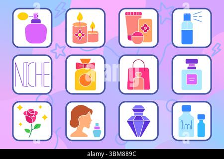Symbol für Parfümerie-Set. Duftflasche, Nischenduft, Kosmetiklinie, Kerzen, Sprühflasche, Einkaufstasche, Tester, Rose, Eleganz, Frau mit Parfüm, sam Stock Vektor
