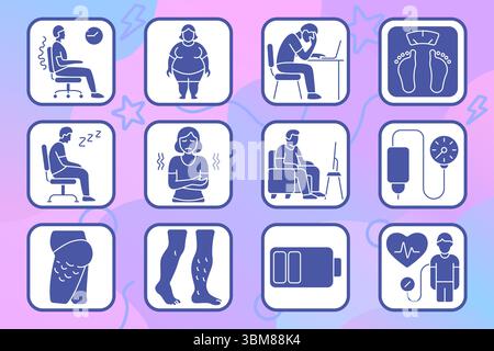 Sedary Lifestyle Set Symbol. Schlechte Körperhaltung, Fettleibigkeit, Stress bei der Arbeit, Gewichtskontrolle, schläfriges Sitzen, Taubheitsgefühl in den Armen, Ermüdung des Bildschirms, Blutdruck, Oberschenkel Stock Vektor