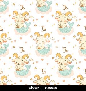 Nahtlos wiederholtes Muster mit Steinbock-Sternzeichen in kawaii Meeresziegen-Form. Sanfte Pastellfarben, Sterne und Herzen enthalten. Stock Vektor