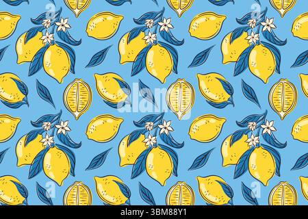 Nahtloses Muster aus ganzer und in Scheiben geschnittener Zitrone mit Blättern und weißer Blüte auf blauem Hintergrund in flacher Form. Perfekt für das Design von Zitrusfrüchten im Sommer, für Lebensmittel Stock Vektor