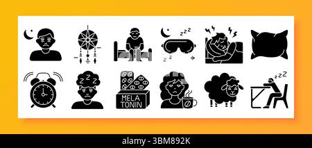 Symbol für Ruheprobleme festlegen. Zeigt Nahrungsergänzungsmittel, Geist, Tee, Maske, Kerze, Pillen, kein Schlaf, Mond, Laufen, umarmen Kissen, Meditation, Gehirn mit Lightnin Stock Vektor