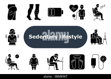 Sedary Lifestyle Set Symbol. Cellulite, Krampfadern, niedrige Energie, Herzdruck, Benommenheit, Magenbeschwerden, Fettleibigkeit, Wirbelsäulenschmerzen, Schuppen, intakt Stock Vektor
