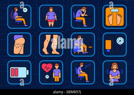 Sedary Lifestyle Set Symbol. Schlechte Körperhaltung, Fettleibigkeit, Laptop-Ermüdung, Gewichtskontrolle, Cellulite, Beinvenen, Fernsehen, Druckwächter, niedriger Akkuladestand, h Stock Vektor