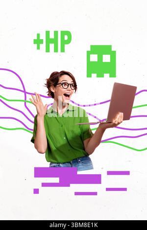 3D Foto Collage Vorlage Trend Artwork Composite aus Joy Player Gamer Video Videospiel junge Frau Lächeln Hand halten Computer Lächeln Hallo Stockfoto