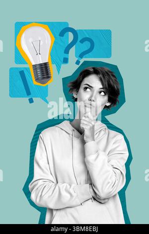 Composite Artwork 3D Foto Collage Trend der kreativen Lösung Herausforderung Logik eureka junge Frau Stand gedankengesinnte Frageforschung Stockfoto
