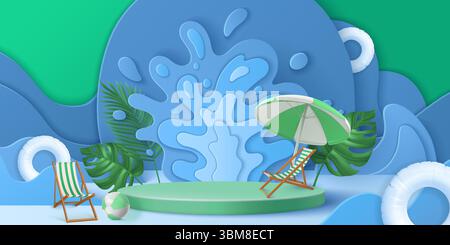 3D Sommerpodium - grüne runde Plattform mit Sonnenschirm, Liegestühlen, tropischen Blättern, Papierausschnitten für Wasserspritzer, Schwimmbadflotten auf blauen Wellen für Urlaubsangebote, saisonale Werbung Stock Vektor