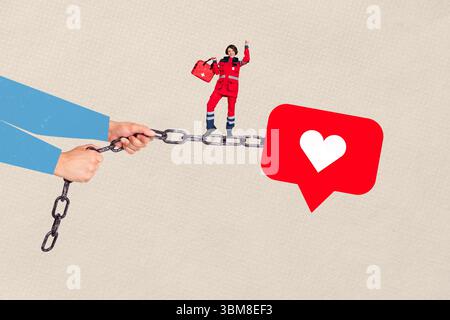 Collage Kunstwerk Skizze Poster von großen Handgriff Ziehen Metall Schloss Kette Gefangenschaft Sicherheit junge Frau Krankenwagen Sanitäter Stand wie beliebt Stockfoto