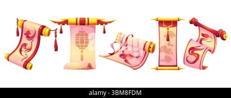 Chinesische Papierrollensammlung mit dekorativen Elementen - traditionelle Banner mit Wolken und Laternen, Fisch- und Schlangensymbole in rot-goldenen Rahmen. Orientalische Cartoon-Manuskripte mit Quasten. Stock Vektor