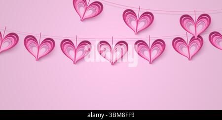 Rosafarbene Herzgirlande aus Papier, die an der Schnur hängt – mehrschichtige Ausschnitte mit Farbverläufen auf romantischem Banner für valentinsfeiern. Realistische festliche Liebesornamente auf pastellfarbenem Hintergrund. Stock Vektor