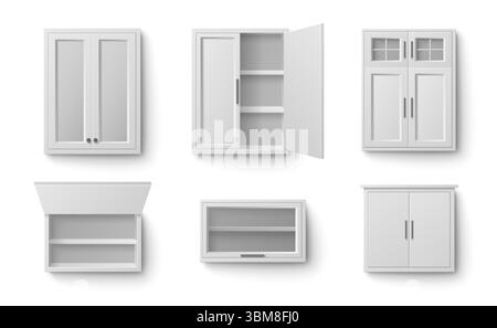 Weiße Küchenschrankkollektion in verschiedenen Aufbewahrungsarten. Verschiedene wandmontierte Einheiten mit Glastüren, offenen Regalen, geschlossenen Paneelfronten und oberen Möbelstücken für moderne Wohnorganisation. Stock Vektor