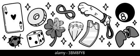 Verspielte Glücksbringer-Doodle-Kollektion mit Ass-Karte, Münze und Würfel, Klee und Ticket, Infinity-Symbol, Acht-Ball und Kaninchenfuß auf weißem BG. Skurrile Glückssymbole für Glückswünsche. Stock Vektor