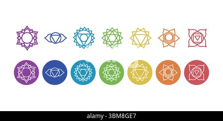 Chakras Set Symbol, Chakra Zeichen, Yoga Symbol, Meditation, spirituelle Symbole isoliert auf weißem Hintergrund. Charakterdarstellung von Hinduismus und Budd Stock Vektor