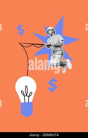 Trend Artwork Vorlage Design 3D Collage des jungen Mannes springen Hand halten Angelrute Idee Lampe Geld Geist Start-up Puzzle Entscheidung brillant Stockfoto