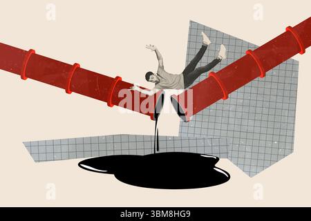 Skizzenbild Trend Montage 3D-Fotocollage von Brennstoff industrielle Energieressourcen Weltkrise junger Mann Falldown Rohr gebrochenes Verlustöl Stockfoto