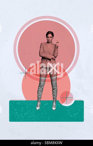 Bild-Trend-Collage einer Person, die unter dem Ziel steht, Zeichnung auf blauem Hintergrund Stockfoto