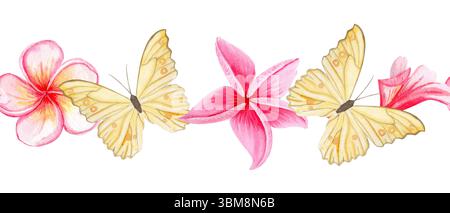 Gelbe Schmetterlinge, rosafarbene tropische Plumeria-Blumen nahtlose Aquarellgrenze. Handbemalt perfekt für Hochzeitseinladungen im Sommer, exotische Verpackung Stockfoto